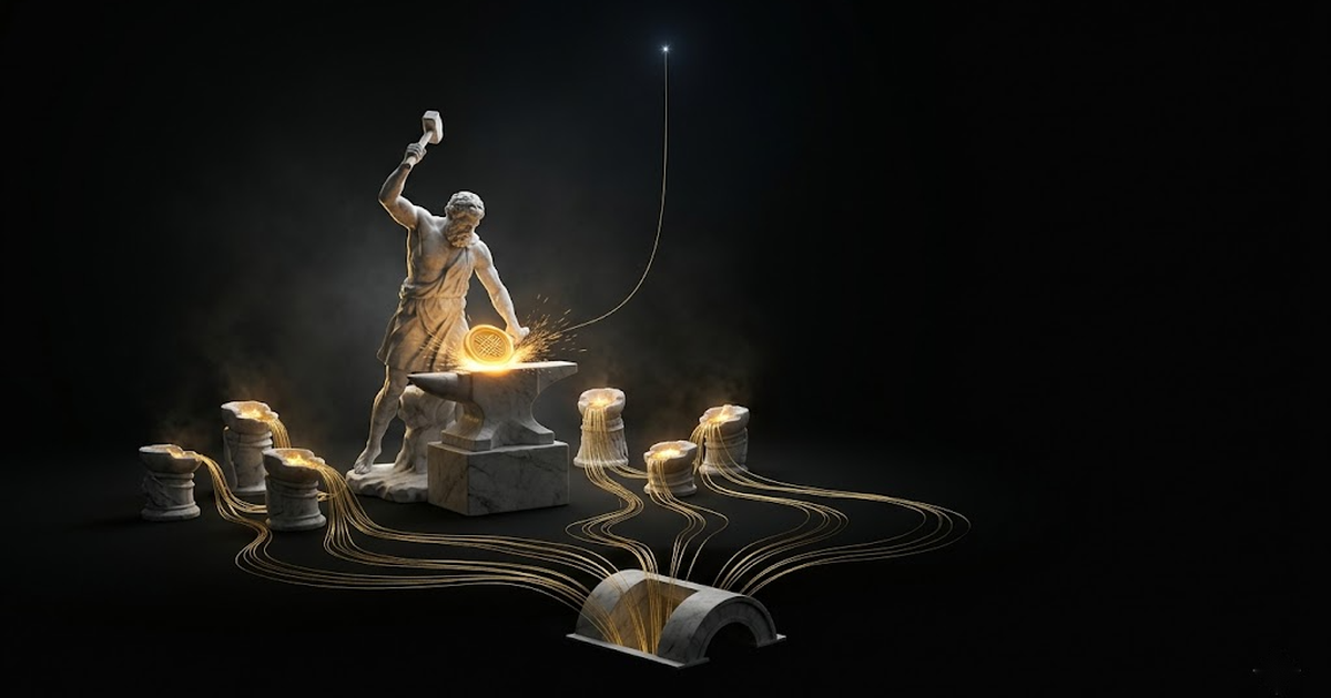 A marble forge where a maker stamps a glowing golden seal, with fifteen rivers of gold light flowing from smaller forges into a central vault and one thread rising to a distant star.