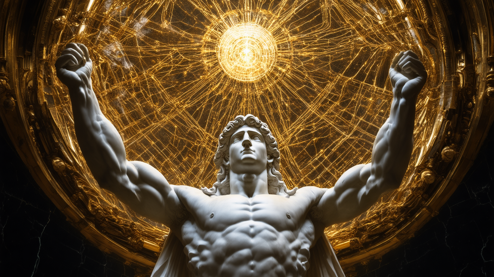 Atlas, the Titan, holding aloft a luminous golden lattice of interconnected nodes, the sovereign intelligence ecosystem Mickai builds on