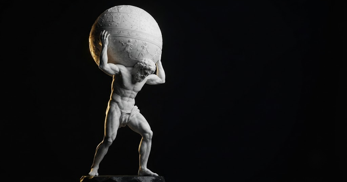 Classical marble scene, Atlas, gold rim light on void black