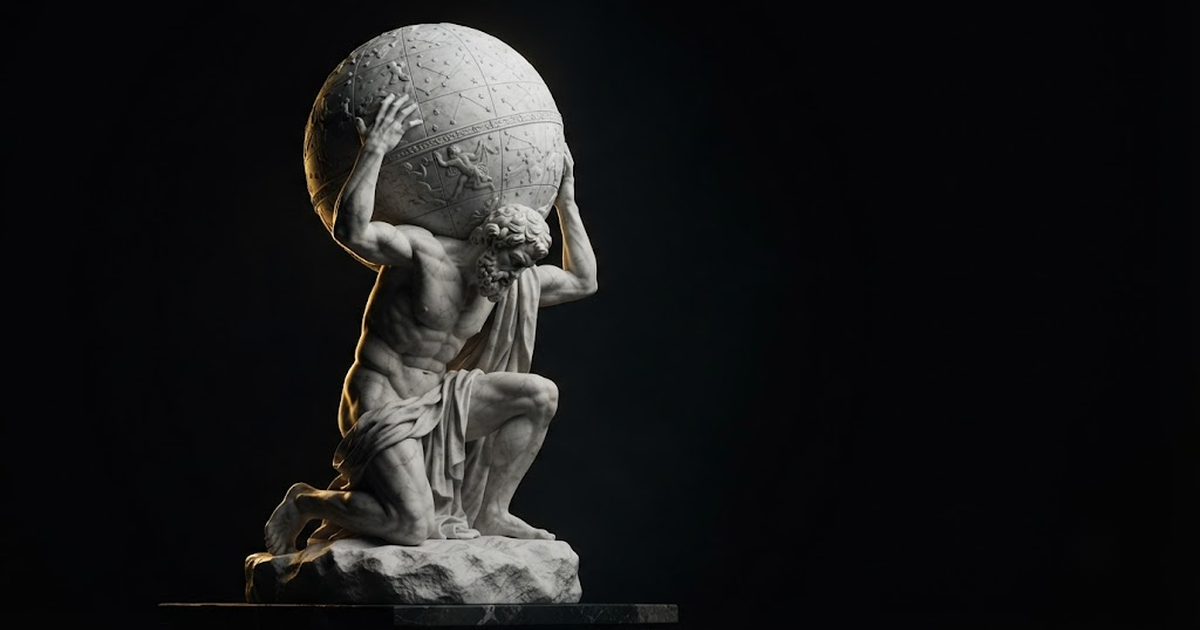 Classical marble scene, Atlas, gold rim light on void black