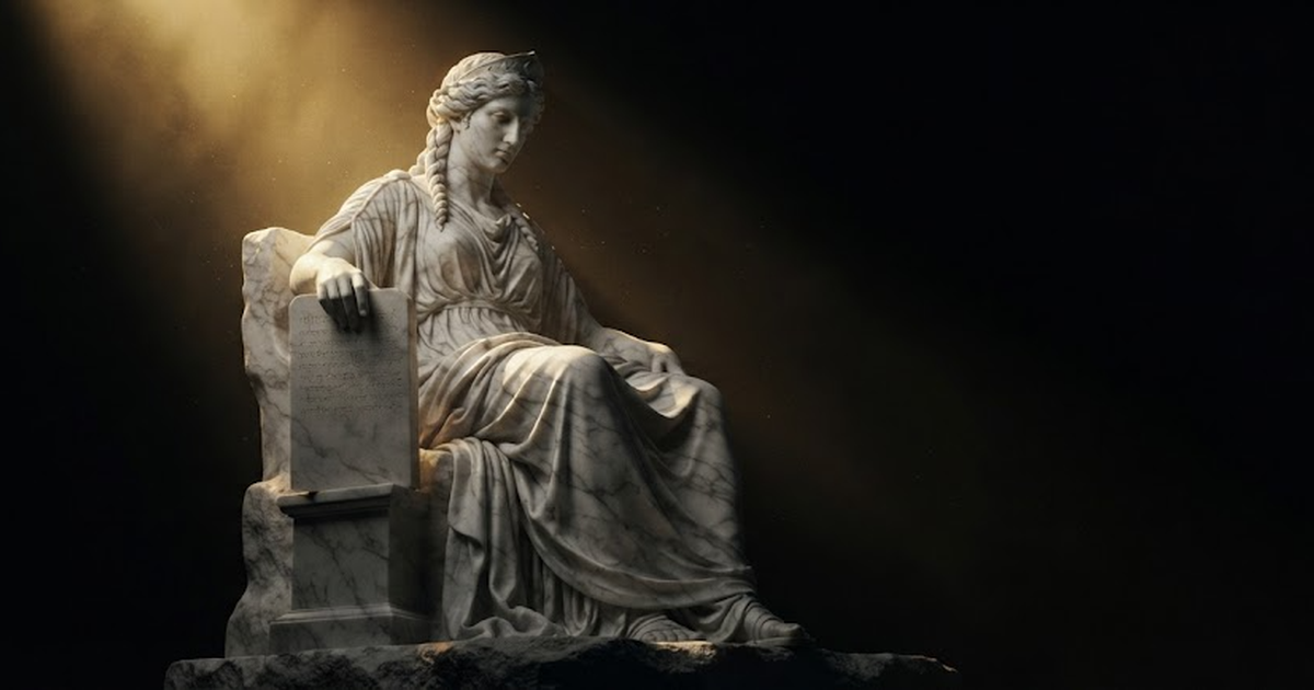 A colossal marble statue of Mnemosyne, goddess of memory, her hand pressed to a stone tablet, lit by gold light on a black background.