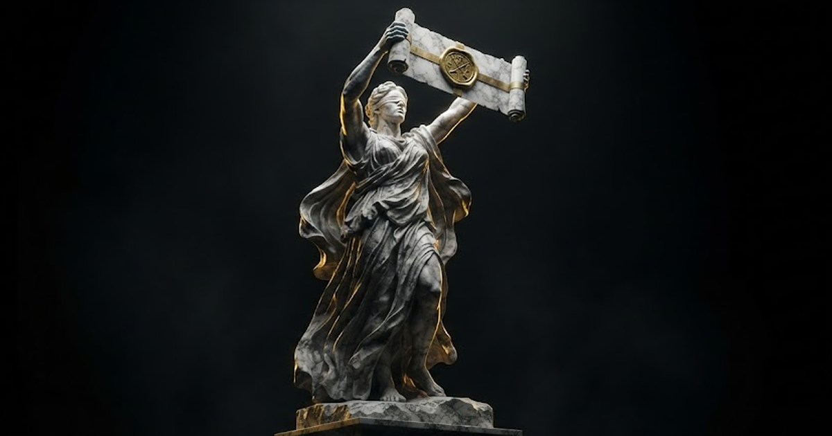 A colossal marble statue of Themis holding a sealed scroll aloft, illuminated by a narrow gold beam against darkness.