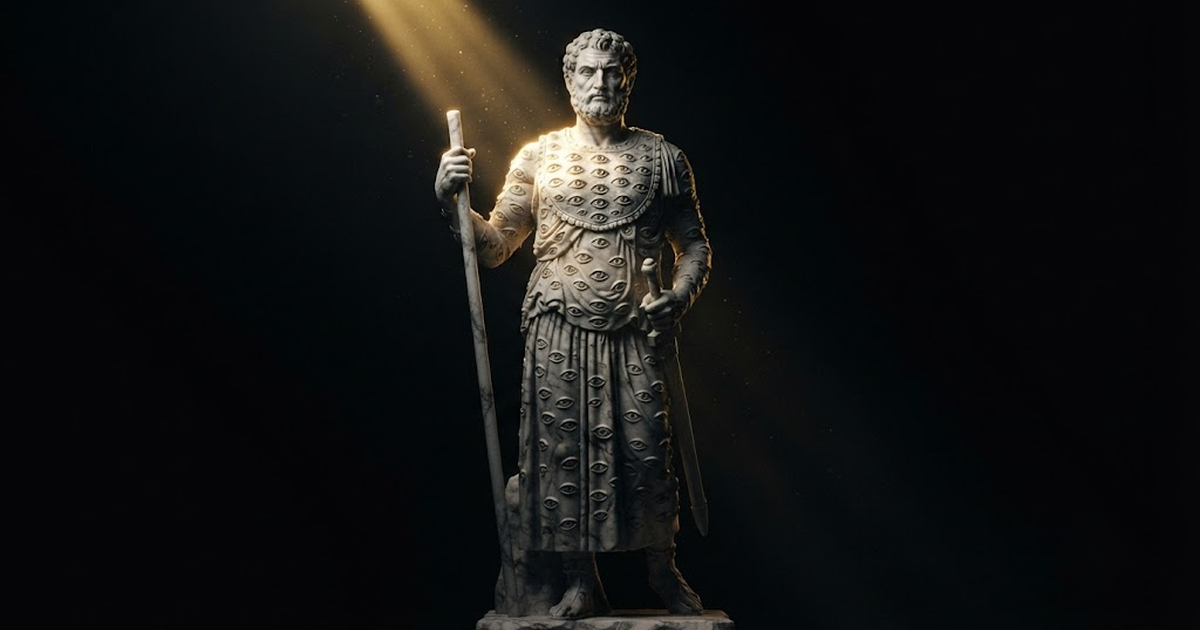 A colossal marble statue of Argus Panoptes, a many-eyed watcher, standing alert and lit by a single gold shaft in the dark.