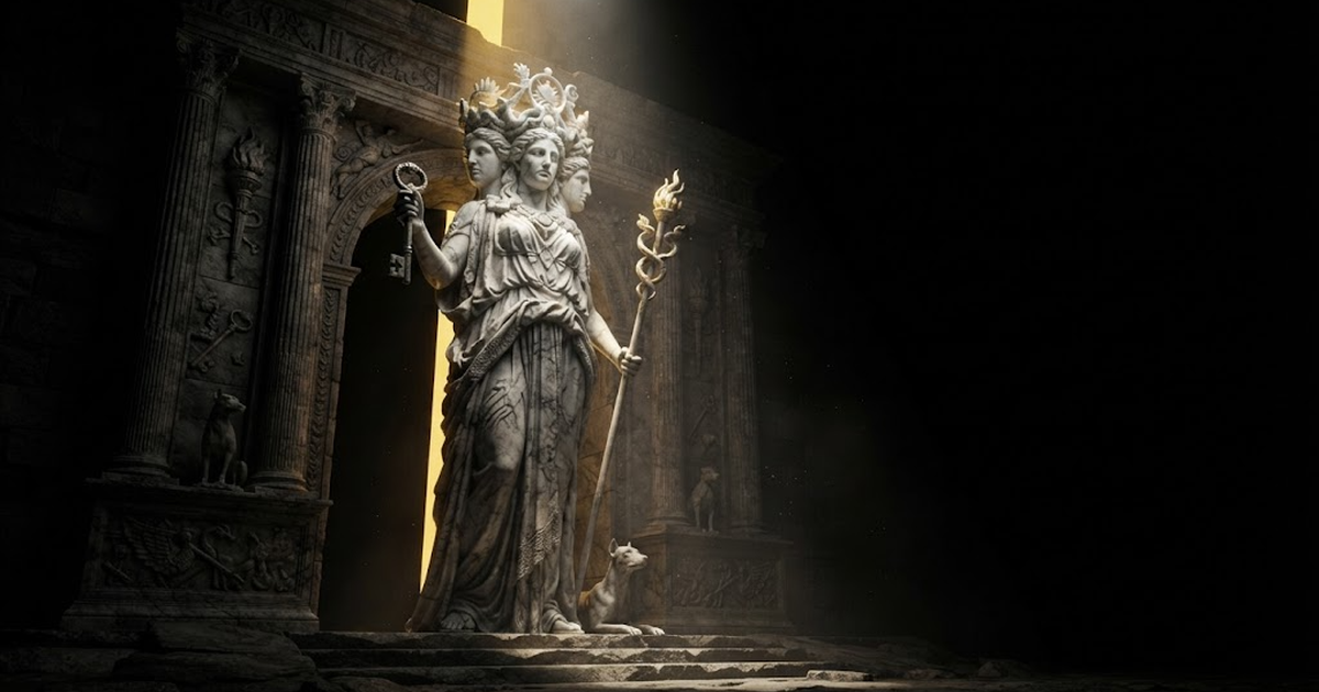 A colossal marble statue of Hecate holding a key at a threshold, lit by a narrow gold light against black.