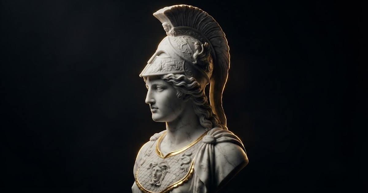 Classical marble scene, Athena, gold rim light on void black