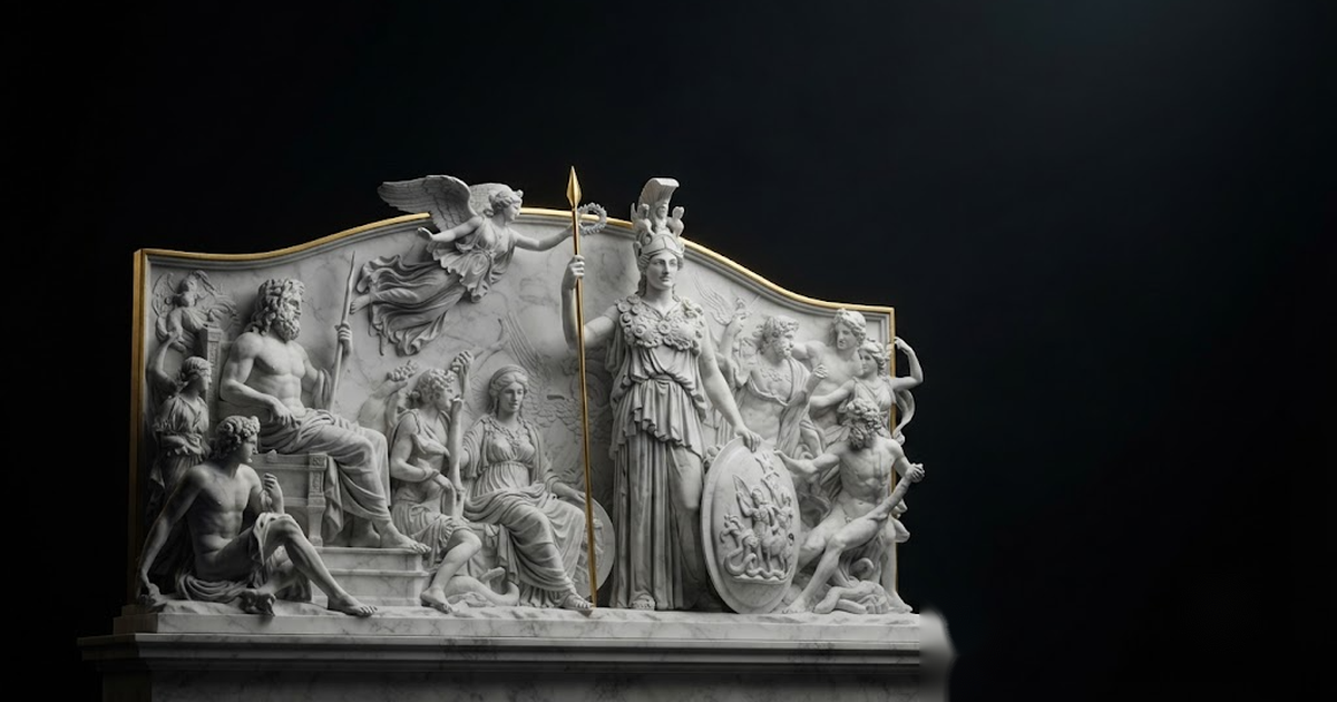 Classical marble scene, Athena, gold rim light on void black