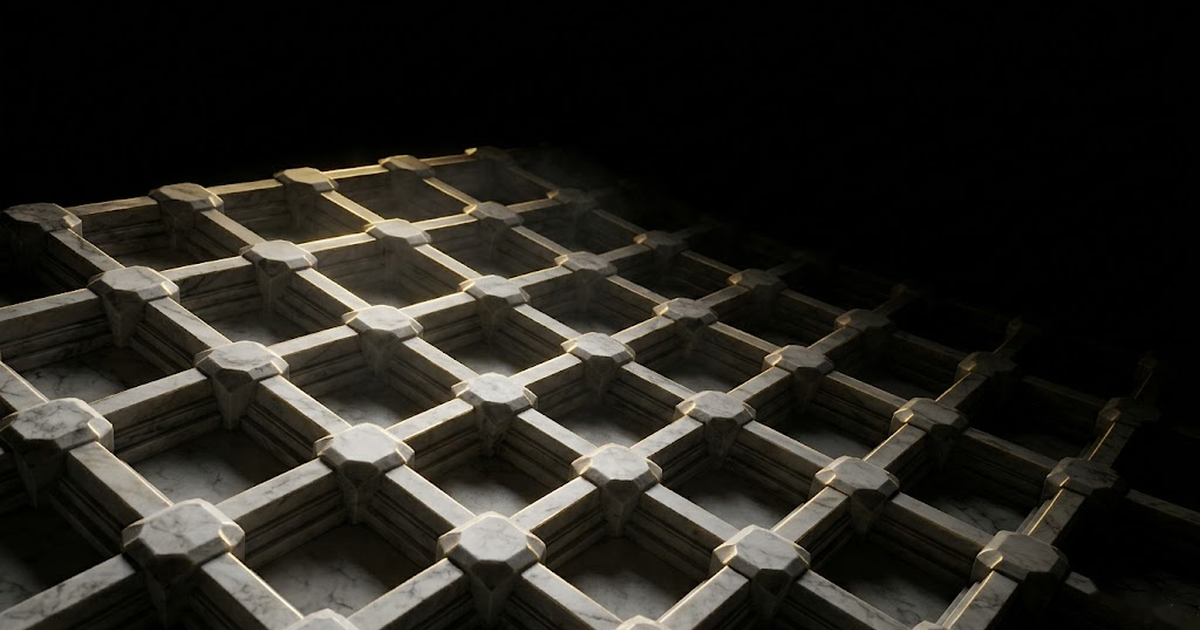 Carved marble lattice of geometric nodes receding into darkness, gold rim light on the leading edges, on void black.