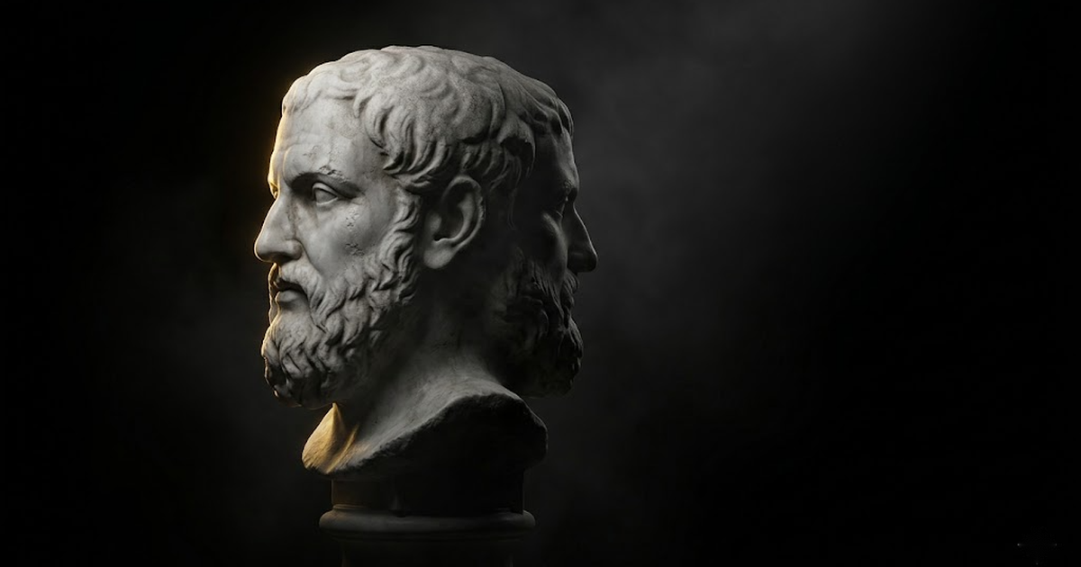 Marble bust of two-faced Janus, one profile lit by gold rim light and one in shadow, on void black.