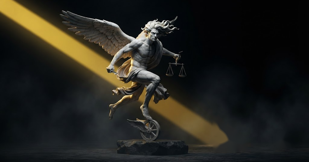 A colossal winged marble figure of Kairos standing on tiptoe reaching forward as gold light streaks past