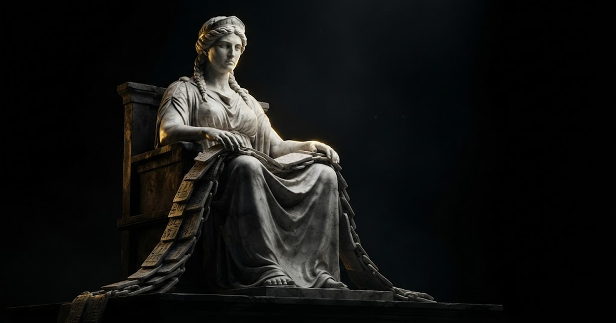 A colossal marble figure of Mnemosyne seated in stillness holding a linked chain of tablets across her lap