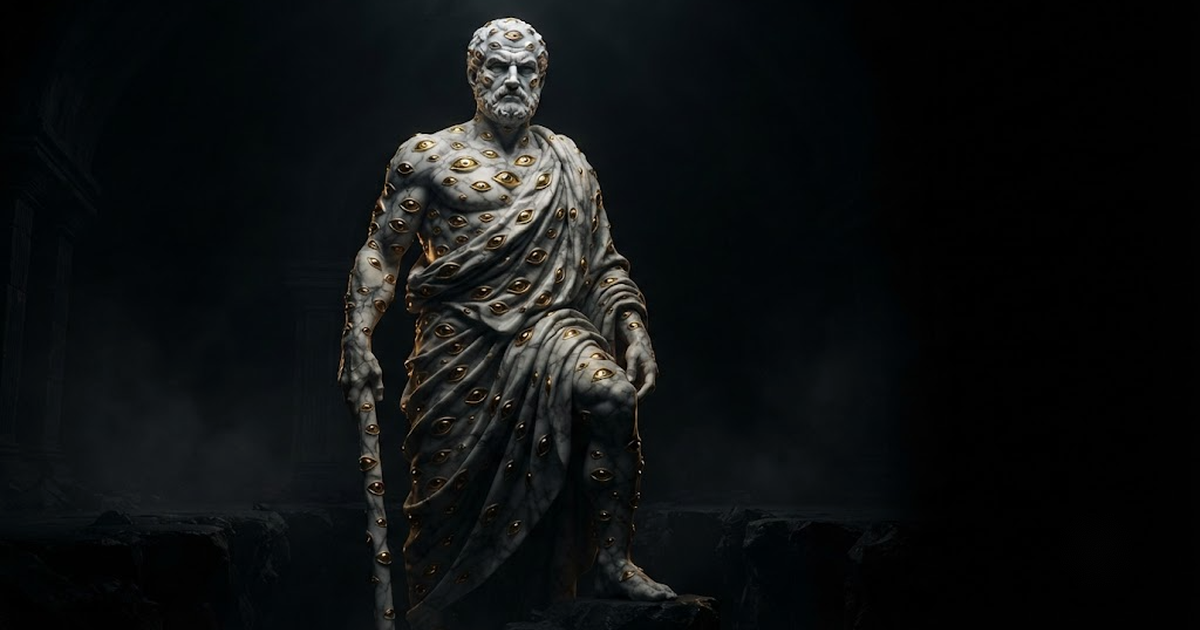 A colossal marble figure of Argus Panoptes covered in watching eyes turned outward into the dark