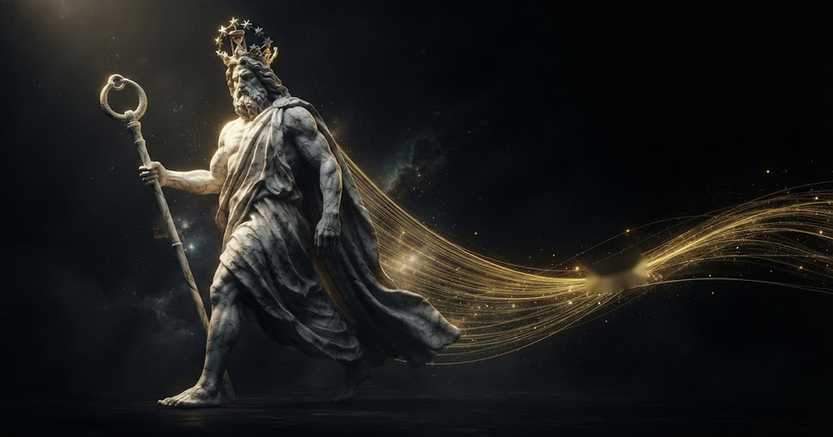 A colossal marble figure of Chronos striding through the void as gold light stretches long behind him