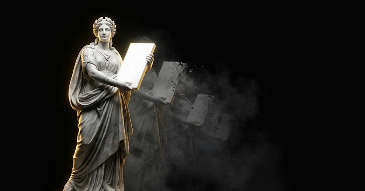 A carved white marble figure of Mnemosyne, goddess of memory, lit by a single hard gold rim light against pure black, holding a still tablet as fragments of lesser copies dissolve into haze behind her