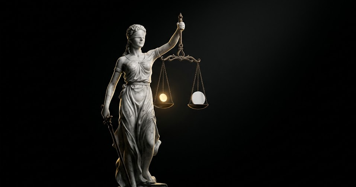 Themis, blindfolded, sculpted in white marble with bronze scales held level, a hard gold rim light tracing her arm against deep void black, weighing a glowing token against a featureless copy