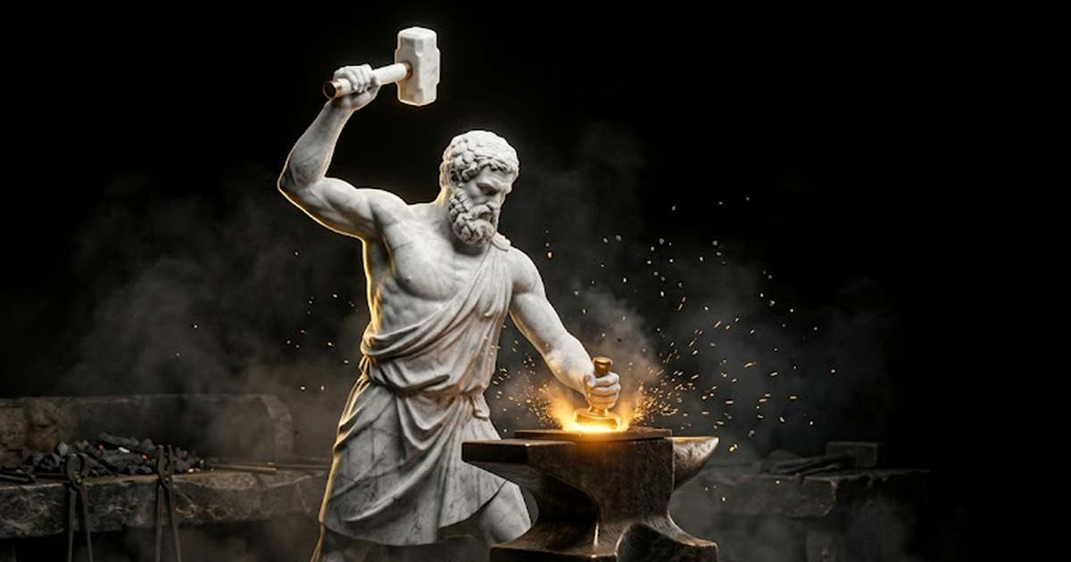 Hephaestus at a dim forge carved in marble and bronze, a single gold rim light catching the hammer mid strike, sealing a glowing mark into a tablet amid volumetric haze and wide dark negative space