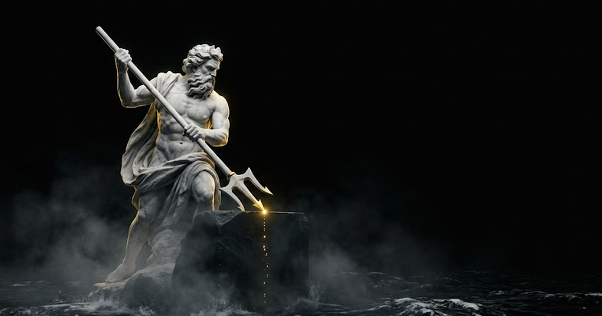 Poseidon rising from black water carved in white marble, trident driven down into stone, hard gold rim light along his shoulder, a single bright point anchoring a chain of fainter marks into the depths