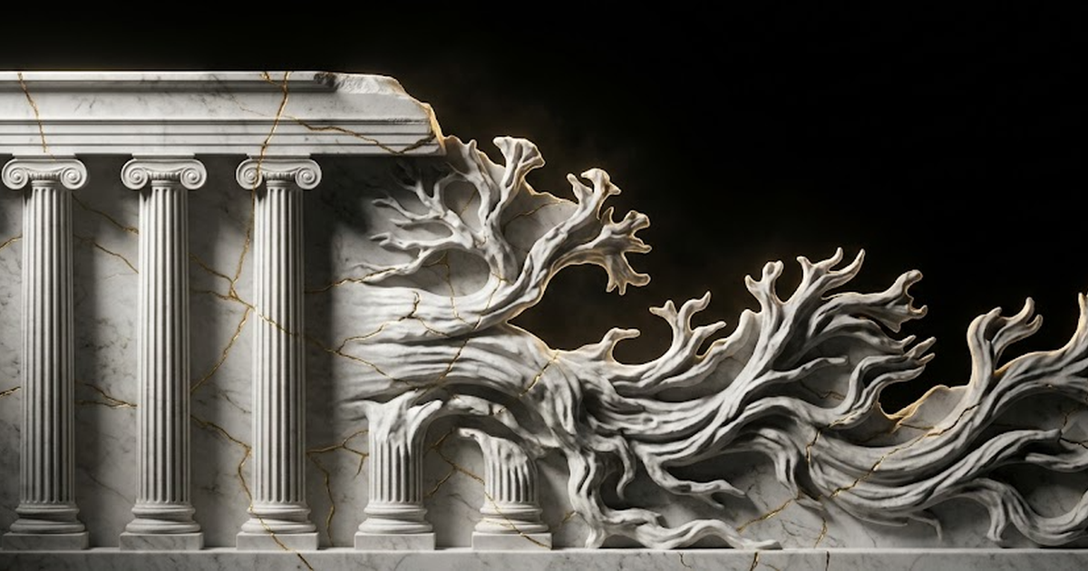 Marble relief of ordered columns dissolving into branching forms, representing statistical models giving way to generative AI