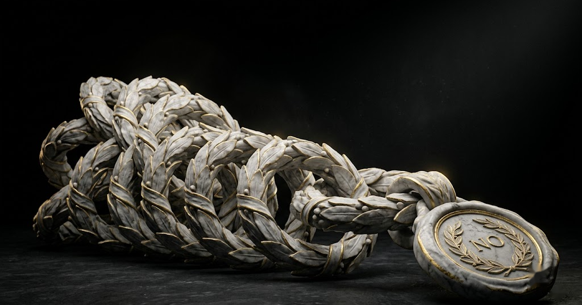 Marble sculpture of an unbroken hash-chain of laurel links ending in a sealed medallion, representing the append-only audit ledger
