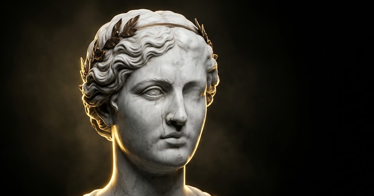 A marble bust of Mnemosyne lit by hard gold rim light against pure void black, half her face dissolving into smooth featureless stone, a visual figure for memory that has been quietly overwritten.