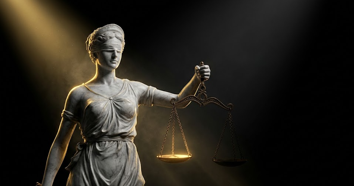 Themis carved in white marble holding scales, one pan catching a shaft of satin gold light while the other falls into deep shadow, set against vast void black negative space.
