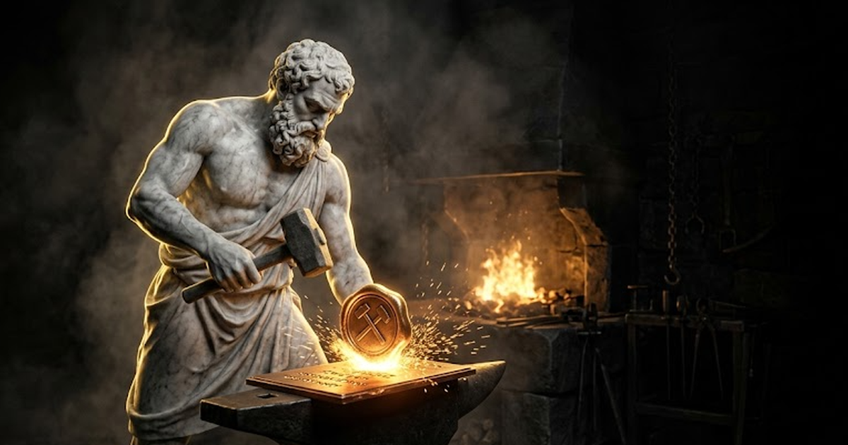 Hephaestus at a dark forge, a marble smith striking a glowing seal into bronze, satin gold sparks and rim light cutting through volumetric haze over pure void black.