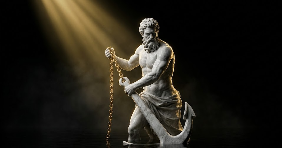 Poseidon standing waist-deep in still black water, driving a marble anchor into the seabed, a single shaft of satin gold light catching the chain across immense dark negative space.