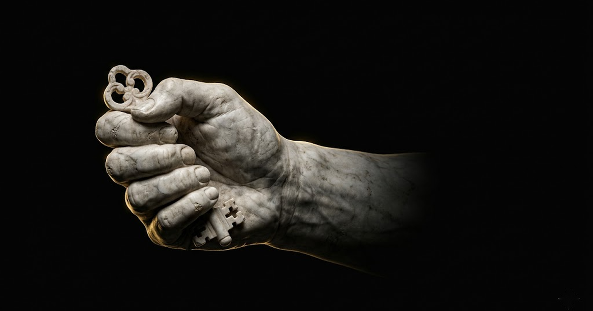 A classical marble hand gripping a single marble key, gold rim light against pure black, symbolising possession and control of strategic infrastructure.