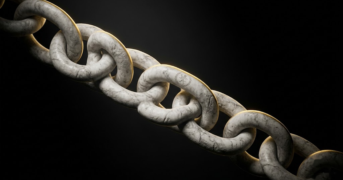 A marble chain of interlocking links with one link bearing a faint signet seal, gold rim light against pure black, symbolising the hash-chained, signed audit record.