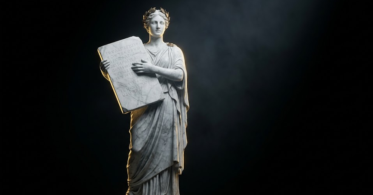 Mnemosyne carved in white marble, holding an unbroken stone tablet, gold rim light tracing its edge against black void.