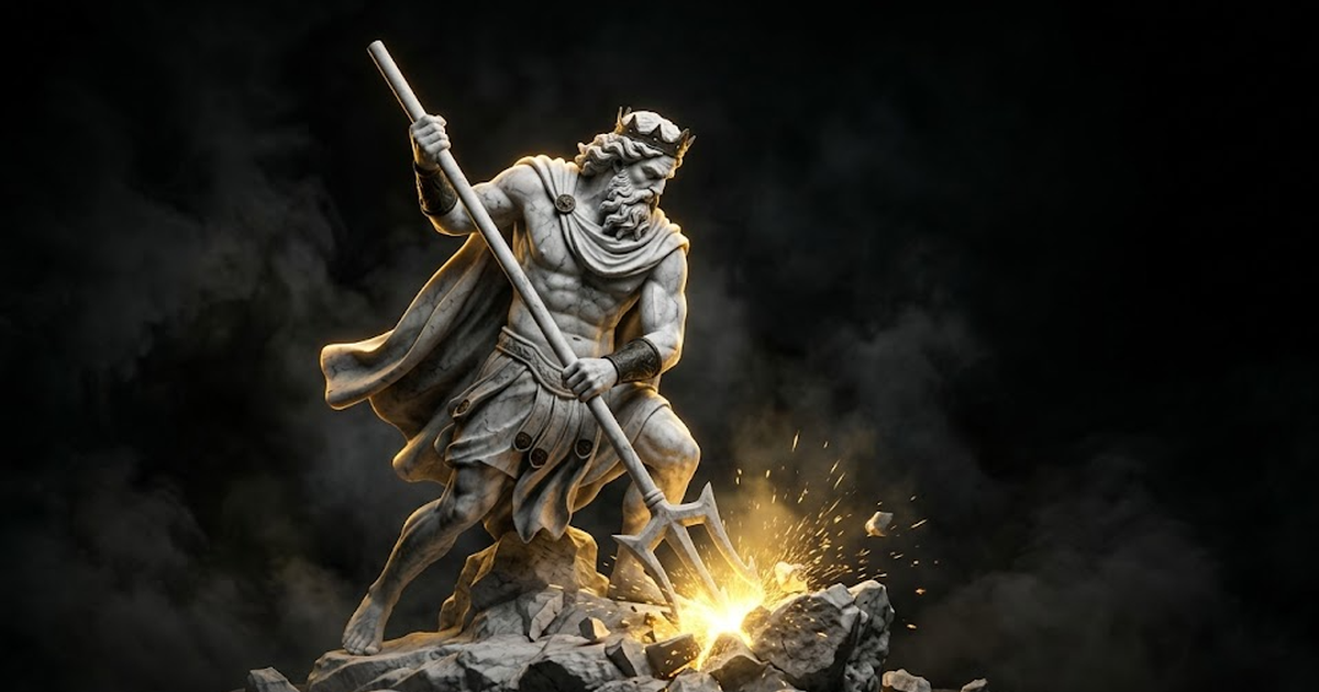 Poseidon in marble driving a trident into stone, gold light flaring at the point of impact, deep volumetric haze and black negative space around him.
