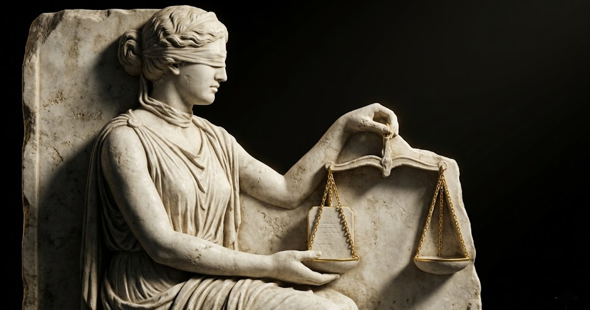 A marble Themis holding scales, one pan bearing a carved tablet and the other empty, symbolising trust as something weighed rather than assumed