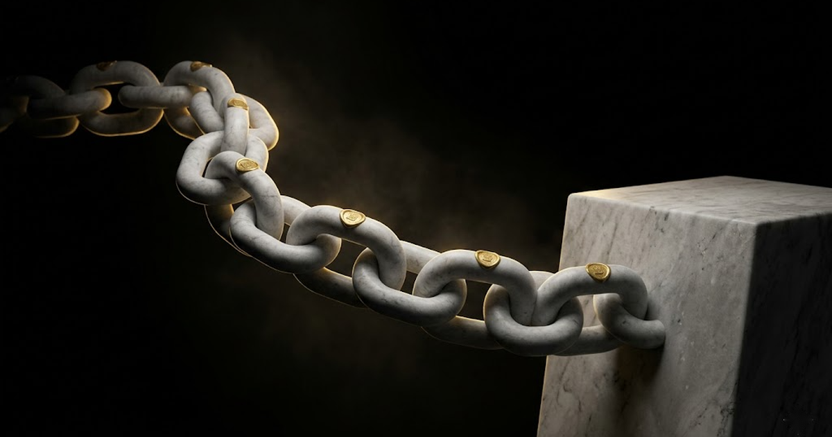 An unbroken chain of carved stone links sealed with signet impressions, anchored into a marble foundation, representing an append-only signed audit record