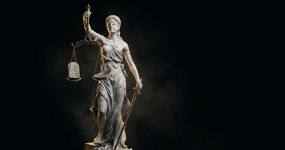 A marble statue of Themis, blindfold lifted, holding scales that weigh a single carved tablet against a feather, lit by hard gold rim light against pure black