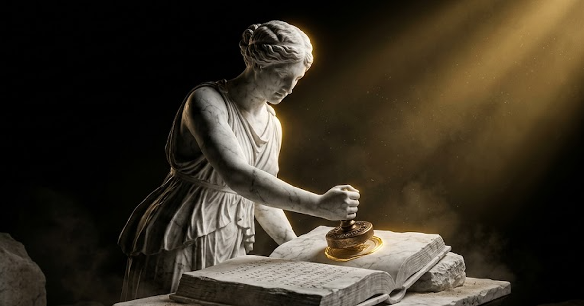 A marble Mnemosyne pressing a glowing seal into a stone ledger, the impression rimmed in satin gold, dust motes hanging in volumetric haze against deep black
