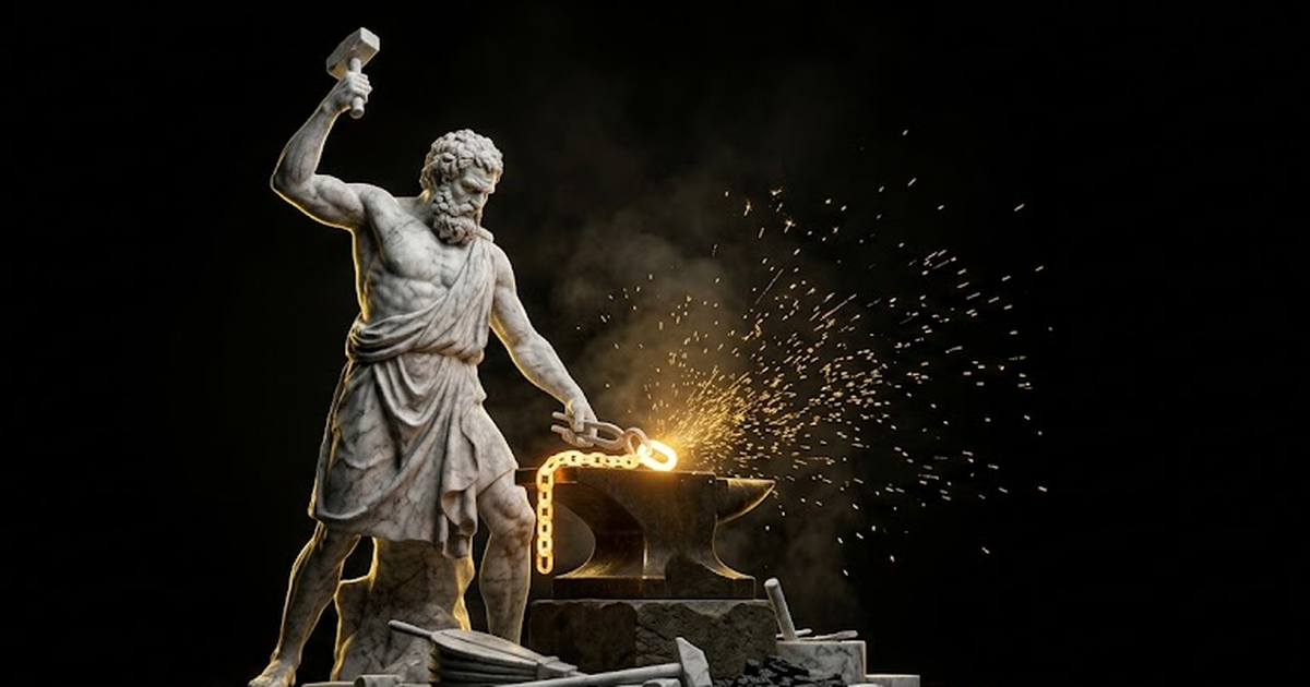 A marble Hephaestus at a dark anvil forging a single luminous link into an unbroken chain, sparks of gold light arcing into generous black negative space
