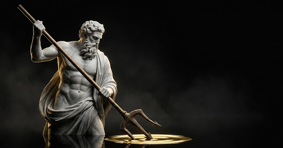 A colossal marble Poseidon driving a trident into black water, the impact point ringed by a single ripple of gold light frozen in stillness, vast dark space above