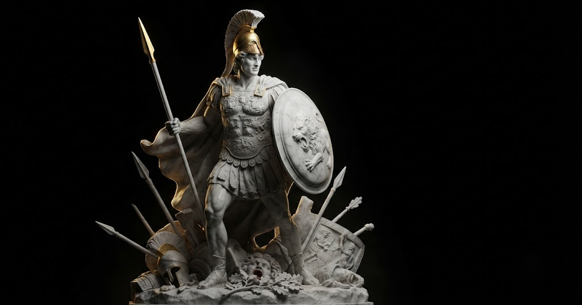 Classical marble scene, Ares, gold rim light on void black