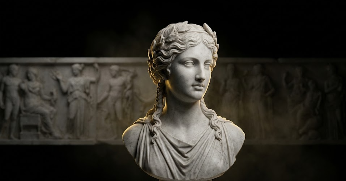 A marble bust of Mnemosyne, goddess of memory, her carved features catching satin gold light, behind her a faint suggestion of an unbroken carved frieze fading into volumetric haze and dark negative space.