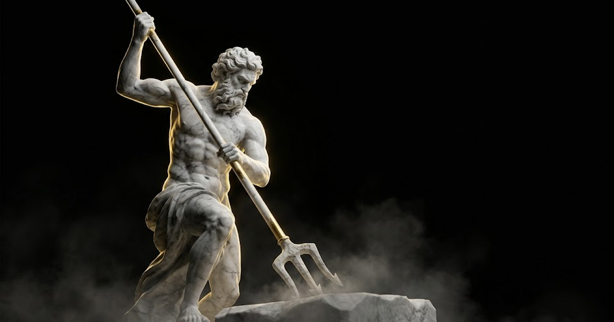Poseidon carved in marble driving a trident into stone, hard gold rim light along the trident and his shoulder, the strike point dissolving into haze against pure black, wide cinematic composition with deep negative space.