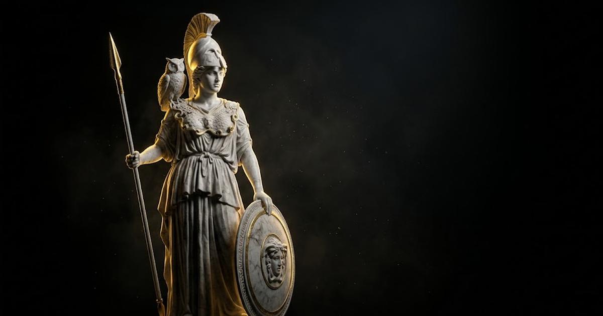 Athena in carved marble, helmeted, owl on her shoulder, one side of her face lit by hard satin gold light and the other lost in shadow, standing in vast dark negative space with faint volumetric haze.