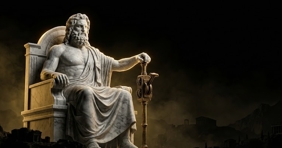 A photoreal carved-marble figure of Zeus seated above a darkened landscape, one hand resting on a switch-like sceptre, lit by hard gold rim light against void black, suggesting sovereign control over the grid.