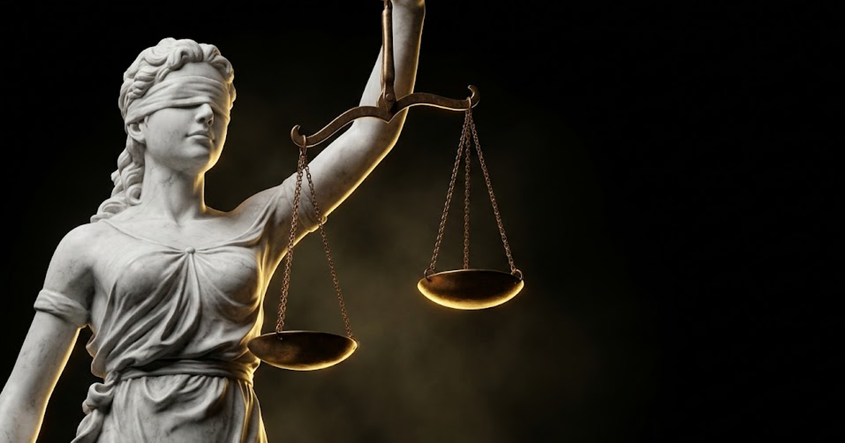 A marble figure of Themis holding empty scales over a dark void, gold light catching one pan that hangs slightly higher than the other, suggesting an unbalanced evidentiary burden.