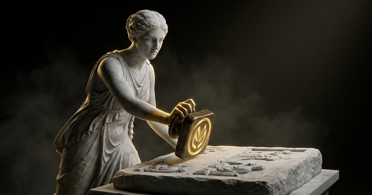 A marble statue of Mnemosyne pressing a glowing gold seal onto a tablet in a dark chamber, the seal catching hard rim light, embodying an unalterable record of memory.