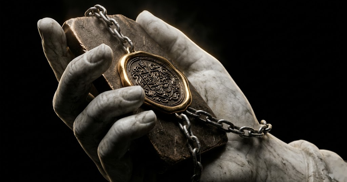 A marble hand grips a sealed, chained disc lit by a thin gold rim against pure black, evoking a record that cannot be quietly broken.