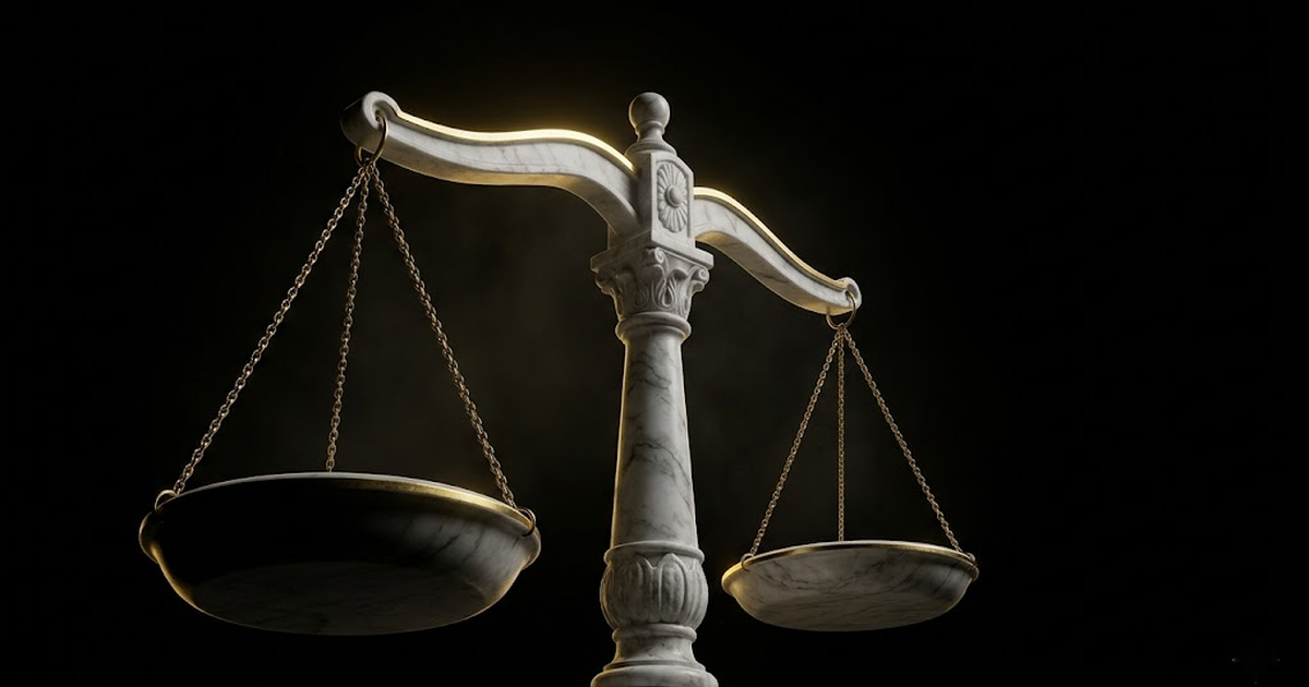 Marble scales of justice tilted slightly off balance, edge-lit in gold against black, standing for the regulator's demand for a provable account.