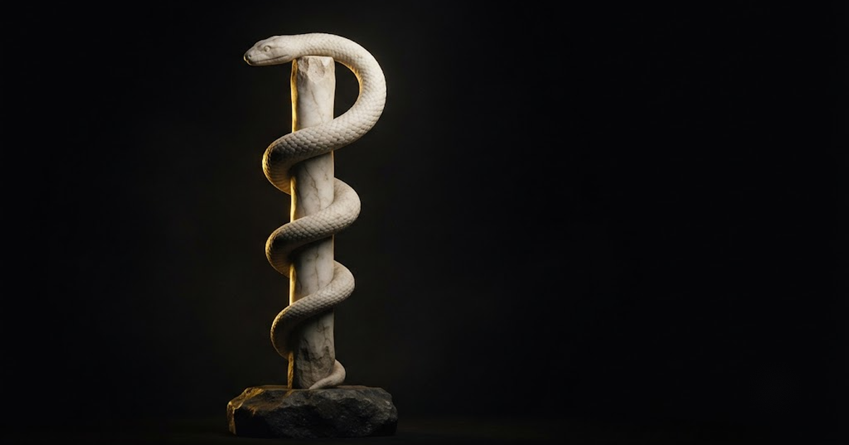 Classical marble scene, Asclepius, gold rim light on void black