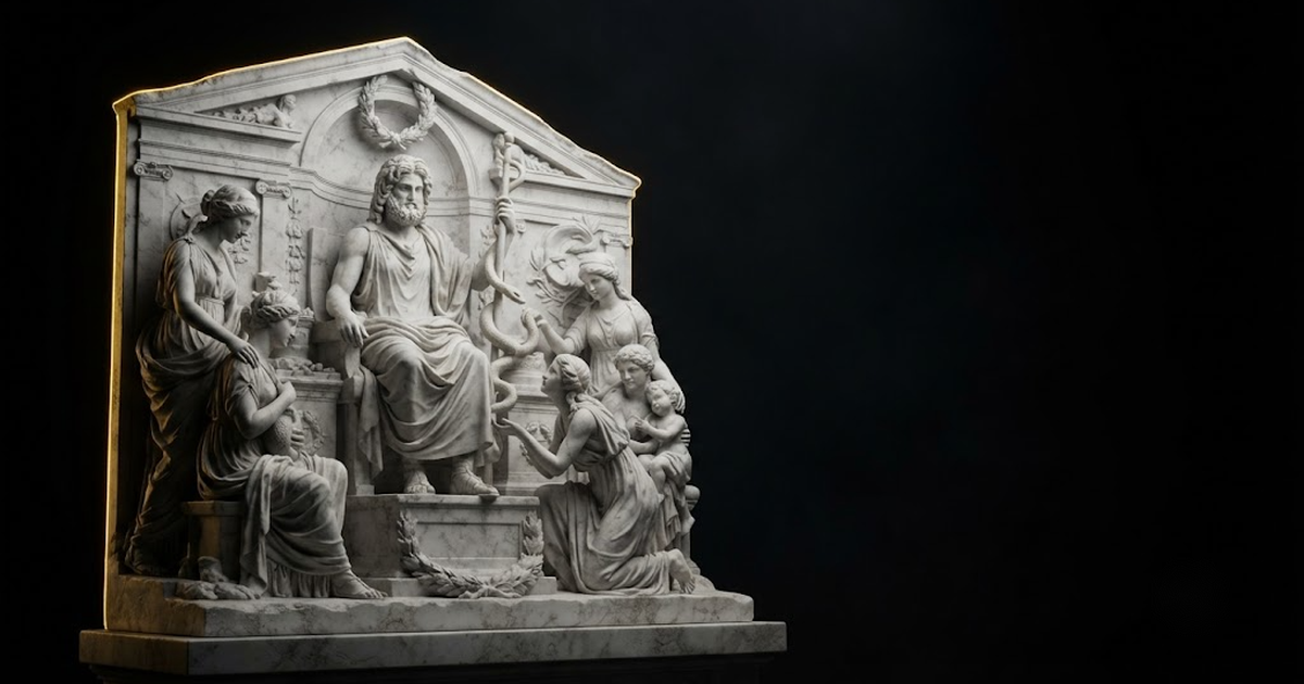 Classical marble scene, Asclepius, gold rim light on void black