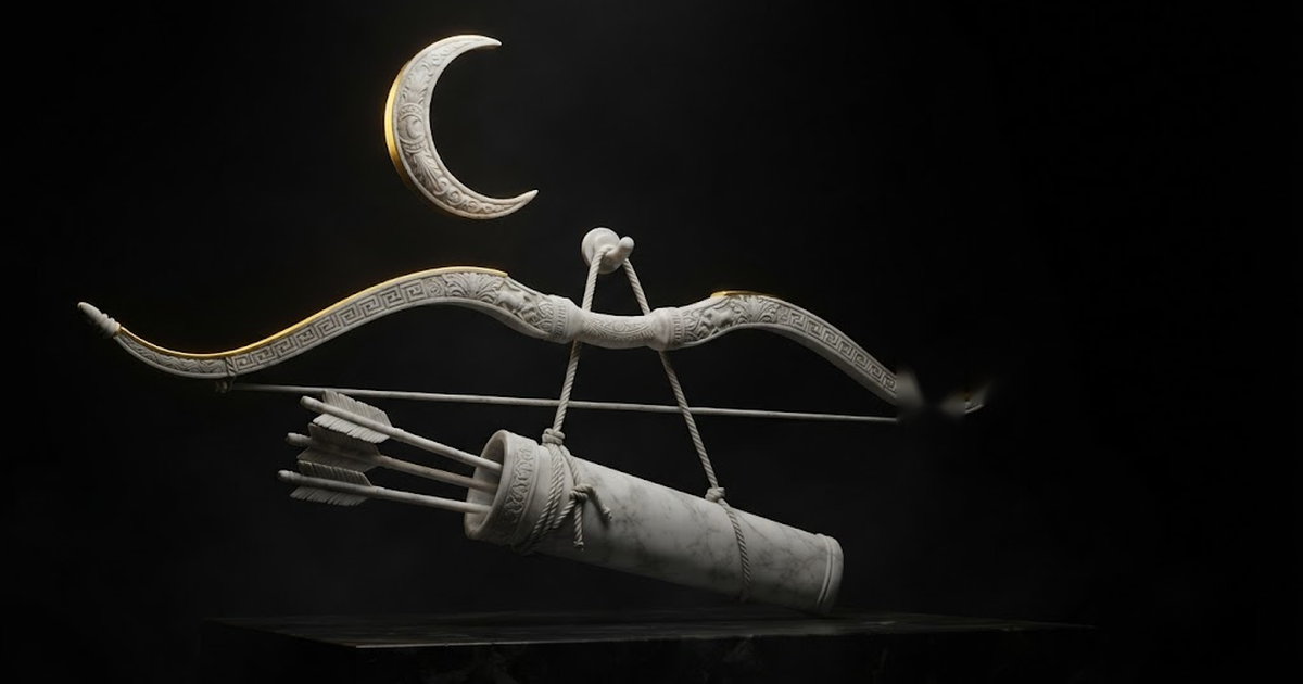 Classical marble scene, Artemis, gold rim light on void black