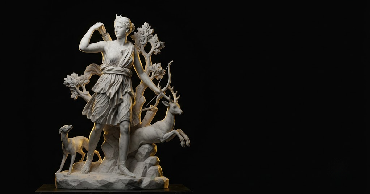 Classical marble scene, Artemis, gold rim light on void black