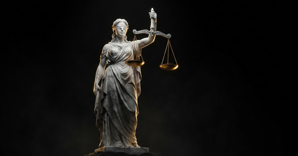 A colossal marble figure of blindfolded justice holding balanced scales, lit by gold light in a black void